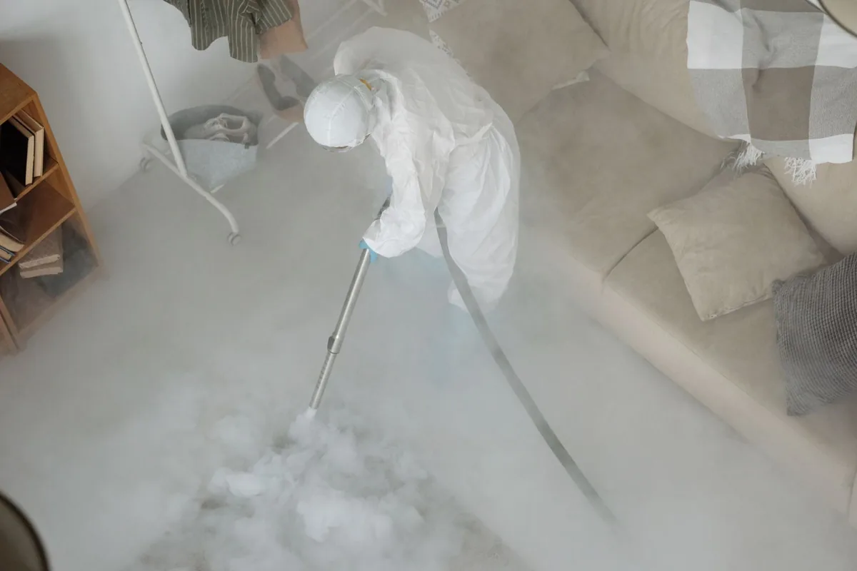 Biohazard cleanup technician in protective equipment, Yemassee, SC